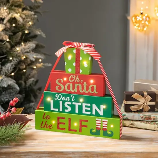 Glitzhome® 12" Lighted Wooden Christmas Gift Block Table Décor {4}
