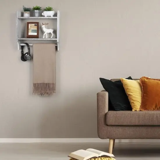 2-Tier Wood Wall Mounted Bathroom Shelf with Towel Rack Rustic Gray {7}