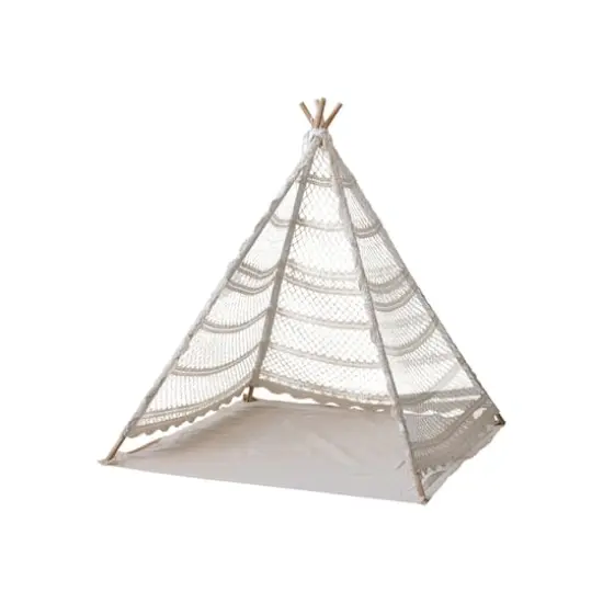 Hello Honey&reg; 43.5" Natural Reclaimed Cotton Crocheted & Teakwood Teepee with Mat {1}