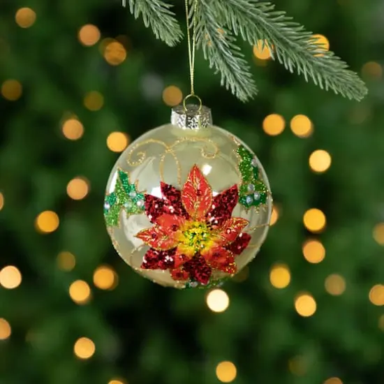 4" Red Glittered 2-D Poinsettia Glass Ball Ornament {3}