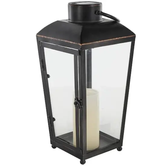 16" Black Metal Modern Candle Lantern with Gold Accents {1}