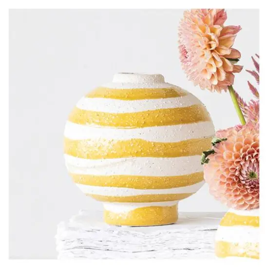 Hello Honey&reg; 5.25" Yellow & White Striped Stoneware Vase with Sphere Shape & Footed Base {3}