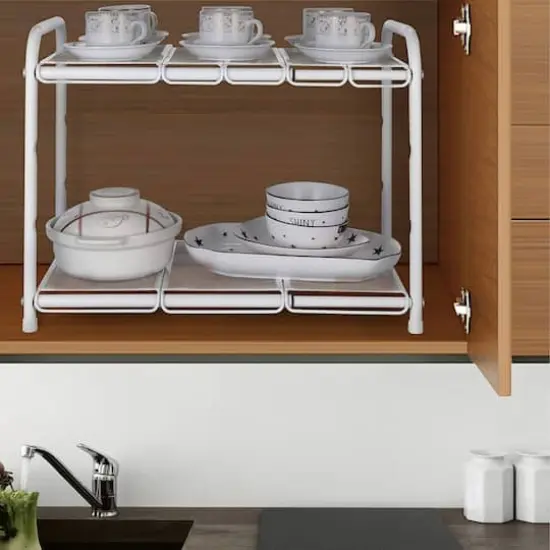 NEX&trade; White 2 Tier Expandable Cabinet Shelf Organizer Rack {7}