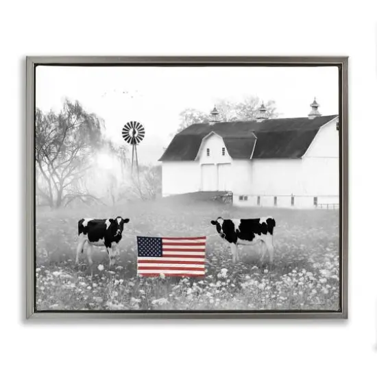 Stupell Industries Americana Barn Country Cows Flag Floater Framed Art Gray {1}