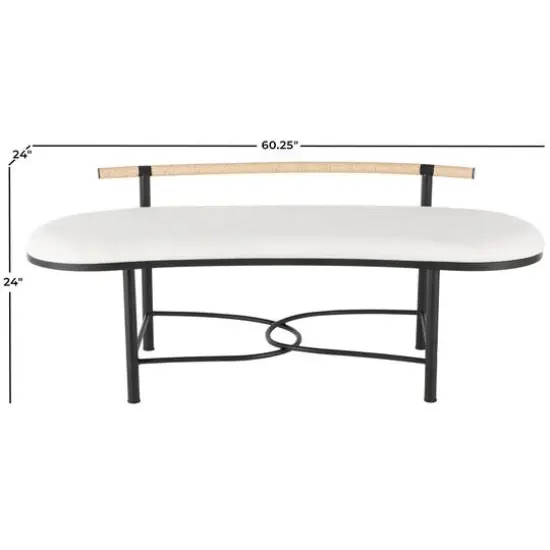 60.25" White Fabric Abstract Upholstered Oval Home Bench with Black Metal Frame & Rope Rod Backrest {8}