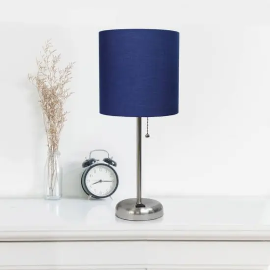 LimeLights 19.5" Stick Lamp with Charging Outlet and Fabric Shade Brushed Steel and Navy {5}