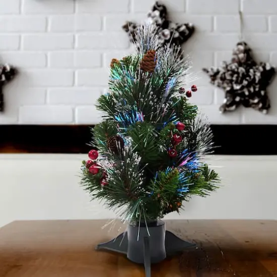 18" Fiber Optic Color Changing Ice Crestwood Artificial Christmas Tree with Silver Bristle, Pineones, Red Berries & Glitter {3}