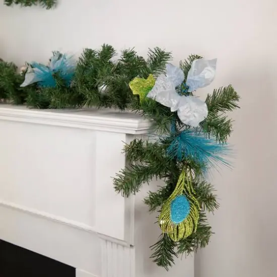 Pre-Decorated Peacock Feathers & Poinsettias Artificial Garland, Unlit {5}
