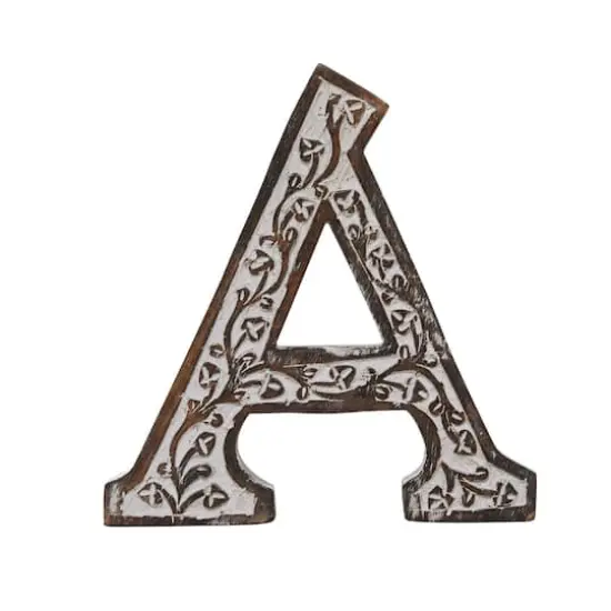 8" Brown Mango Wood Letter Set, 6ct. Brown/White Botanical {5}