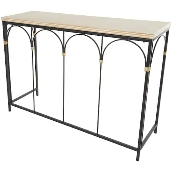 42.5" Black Arched Console Table with Zig Zag Patterned Top and Rattan Accents {1}