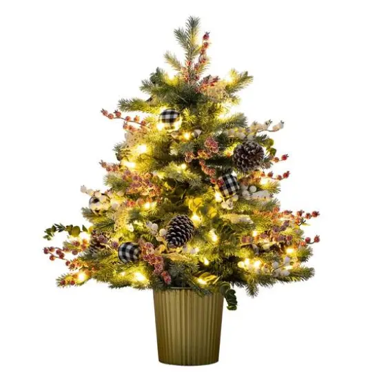 3ft. Pre-Lit Snow-Covered Artificial Christmas Tree in Golden Planter, Color-Changing LED Lights {4}
