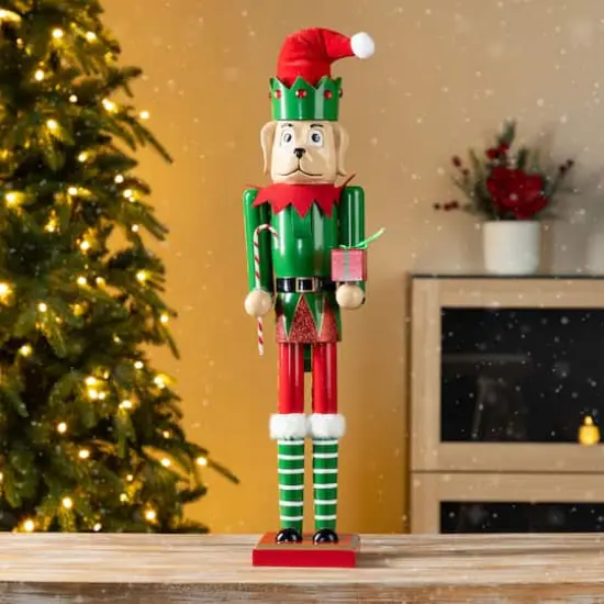 Glitzhome&reg; 23.5"H Wooden Christmas Elf Dog Nutcracker {3}