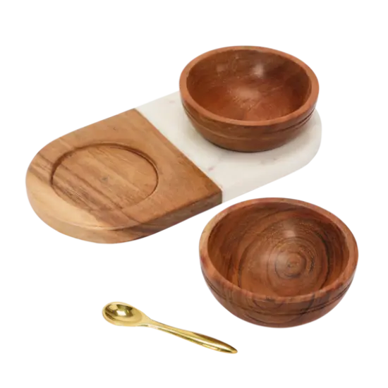 Hello Honey&reg; Acacia Wood & Marble Tray with Acacia Wood Bowl Set {5}