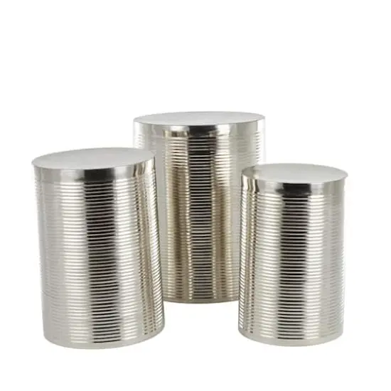 Silver Metal Ribbed Drum Accent Table Set {4}