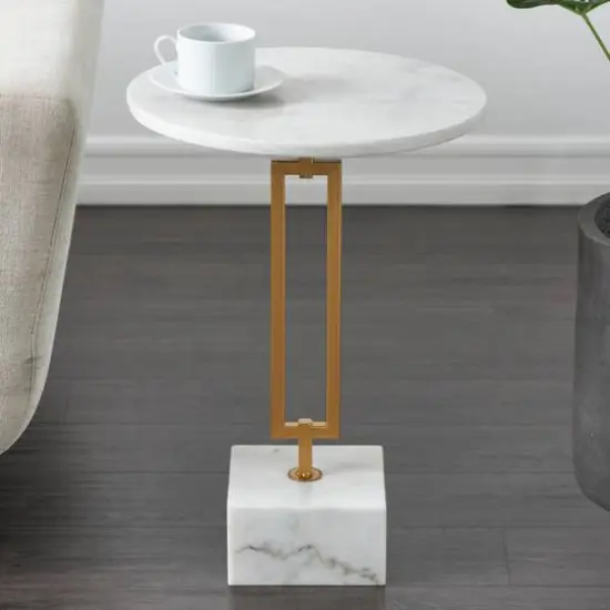 White Marble Geometric Accent Table with Gold Metal Rectangular Stand {11}