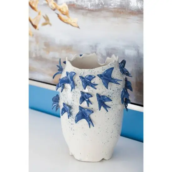 White Ceramic Coastal Vase, 12" x 9" x 9" {9}