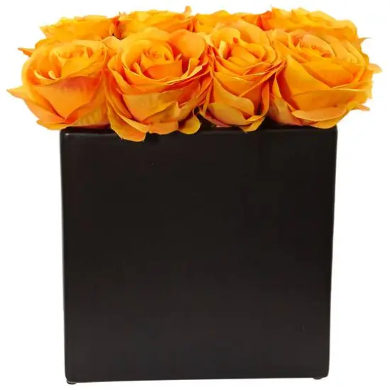 Rose Arrangement In Black Square Vase Orange Yellow {1}