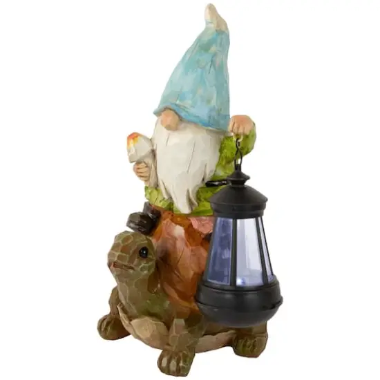 12.5" Solar LED-Lit Gnome & Turtle Outdoor Garden Statue {5}