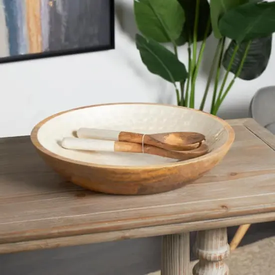 Mango Wood Decorative Bowl with Serving Utensils Set Cream {3}