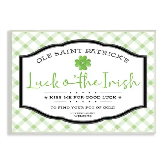 Stupell Industries Saint Patrick's Luck o'the Irish Sign Green Plaid Wall Plaque Art {1}