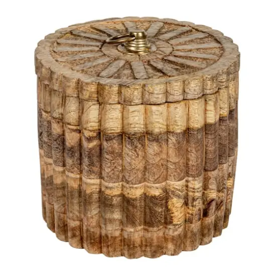 Hello Honey&reg; 5.75" Round Carved Mango Wood Pleated Box with Lid & Metal Pull {1}
