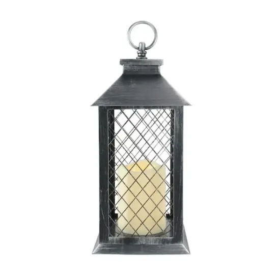 11" Silver Brushed Black Mesh Lantern with Flameless LED Candle {1}
