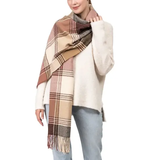 Glitzhome&reg; 77" Pink, Cream & Gray Plaid Scarf with Tassels {5}