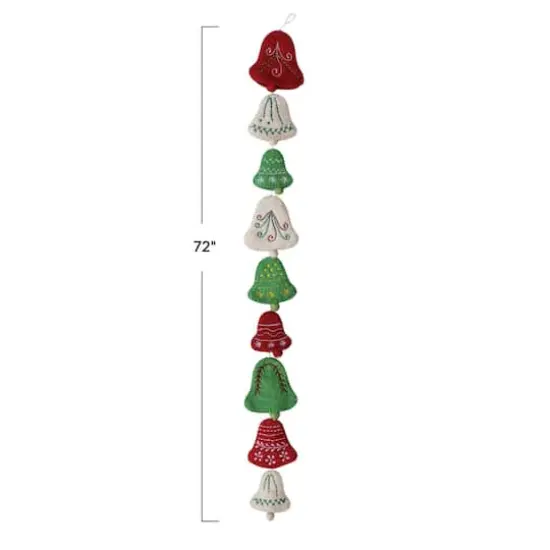 Hello Honey&reg; 6ft. Cream, Red & Green Handmade Wool Felt Embroidered Bells Garland {4}