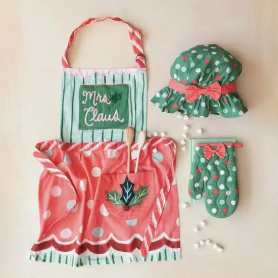 Hello Honey&reg; Mrs. Claus Theme Cotton Child Apron Set {4}