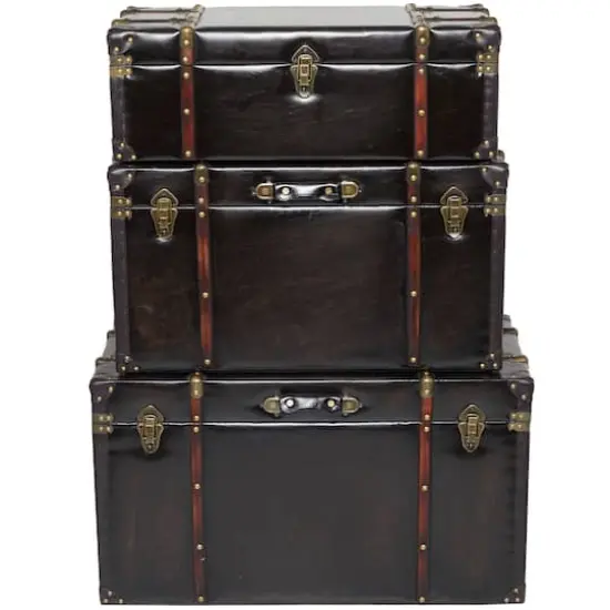 Dark Brown Faux Leather Studded Trunk with Latches & Handles Set {4}