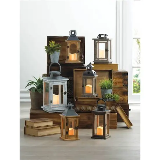 10.75" Lodge Wooden Lantern with LED Candle {4}