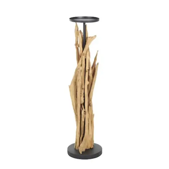 39" Brown Teak Wood Handmade Tall Tree Branch Floor Candle Holder with Black Metal Accents {3}