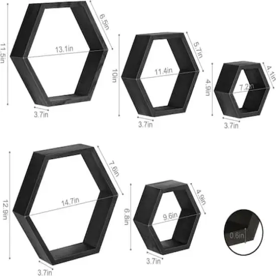 NEX&trade; Hexagon Floating Honeycomb Shelves Set Black {6}