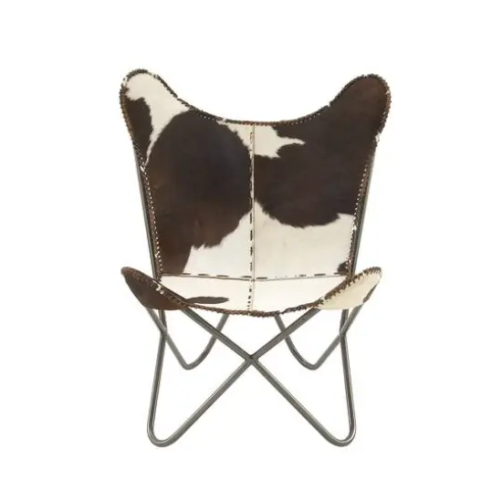 White Cow Hide Leather and Iron Rustic Accent Chair, 36" x 29" x 30" {1}
