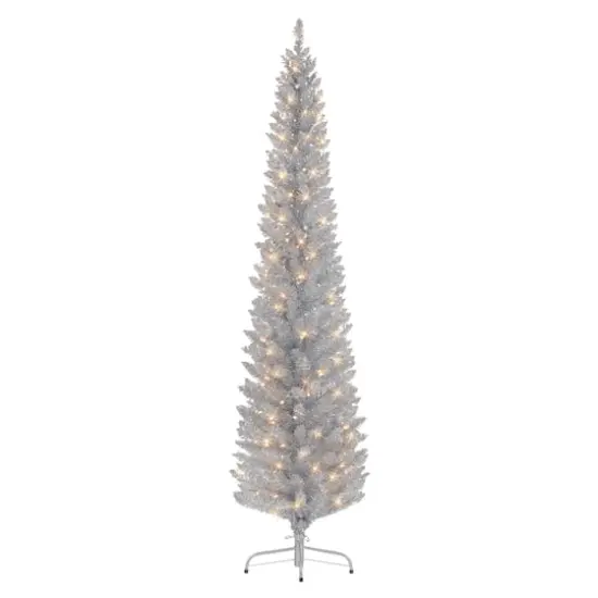 7ft. Pre-Lit Silver Tinsel Artificial Christmas Tree, Clear Lights {1}