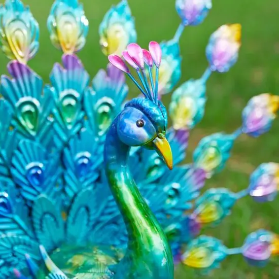 Glitzhome&reg; 28.75" Metal Tail Spread Peacock Garden Statue with Stakes {8}