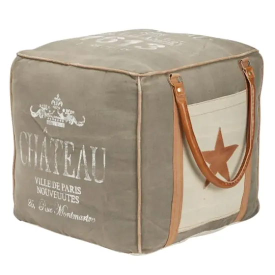 Gray Fabric and Leather Rustic Pouf, 17" x 21" x 21" {1}