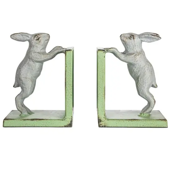 Hello Honey&reg; 6" Gray & Green Iron Rabbit Bookends Set {1}