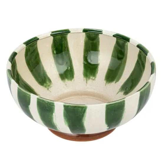 Hello Honey&reg; 10.5" Round Hand-Painted Stoneware Footed Bowl with Stripes & Reactive Glaze {1}