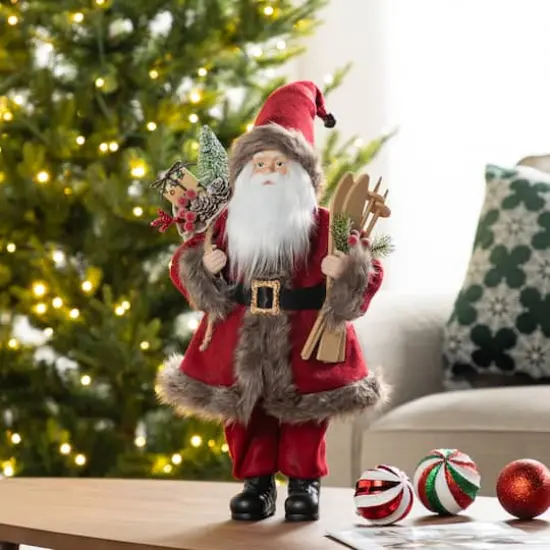 Glitzhome® 18"H Faux Fur Christmas Red Woodland Santa Figurine with Porcelain Face {3}