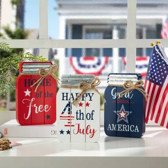 Glitzhome® 7" Patriotic Americana Mason Jar Tabletop Jar Décor Set {4}