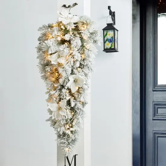 Glitzhome&reg; 36" Pre-Lit Flocked Greenery Pine White Poinsettia & Berry Christmas Teardrop with Timer {3}