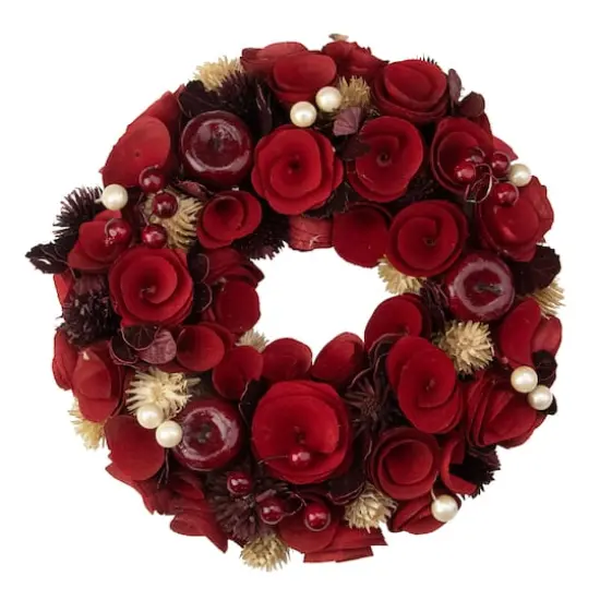 12" Unlit Red Wooden Rose Apple & Faux Pearl Artificial Valentines Wreath {1}