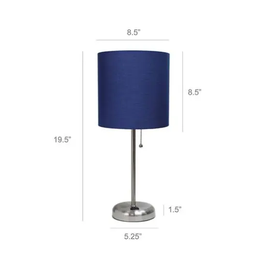 LimeLights 19.5" Stick Lamp with Charging Outlet and Fabric Shade Brushed Steel and Navy {4}