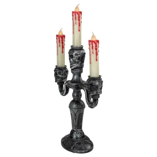 14" Antique Silver Skull Trio Halloween Candelabra D&eacute;cor {5}