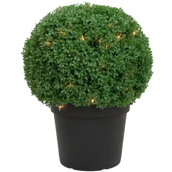 20" Pre-Lit Artificial Boxwood Ball Topiary in Round Pot, Clear Lights {1}