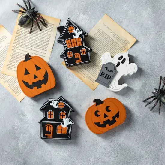Glitzhome&reg; Halloween Wooden Haunted House, Pumpkin & Ghost Table Block Set {3}