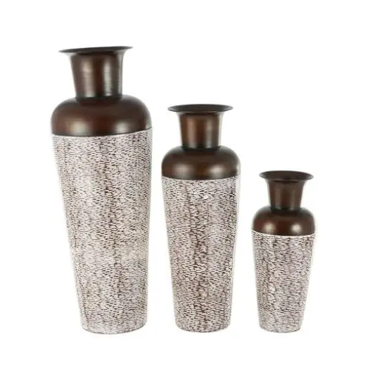 White & Brown Spotted Tapered Floor Metal Vase Set {7}