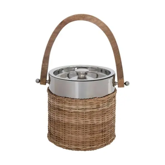 Hello Honey&reg; 9.5" Stainless Steel & Woven Rattan Ice Bucket with Mango Wood Handle {1}