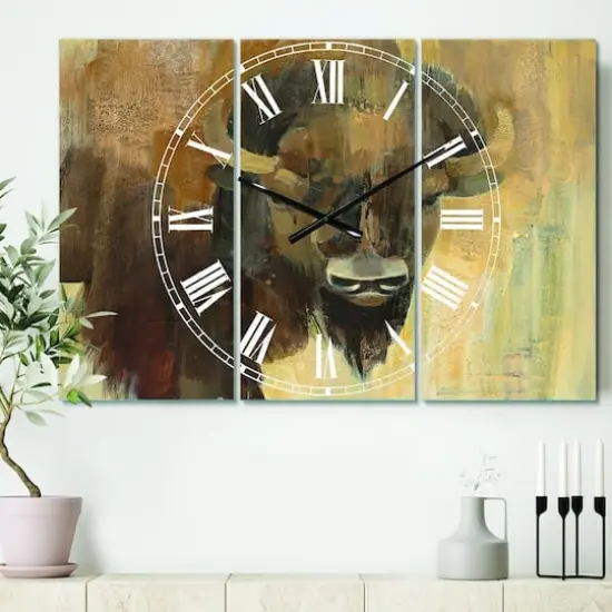 Designart Into The Wild Gold Buffalo Farmhouse 3 Panel Wall Clock {3}